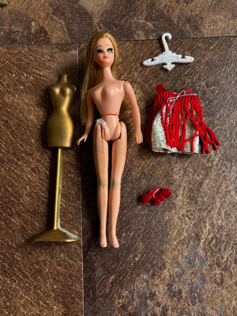 Original Topper Dancing Dawn doll wearing original silver metallic mini w/fringe